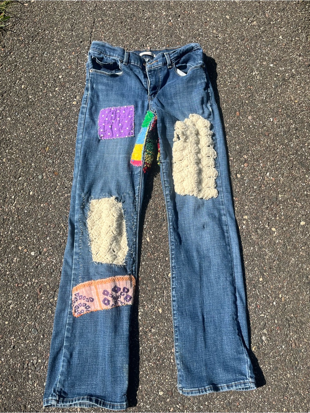 OOAK reworked Women's Blue Patchwork Jeans with Multicolor Accents and crochet